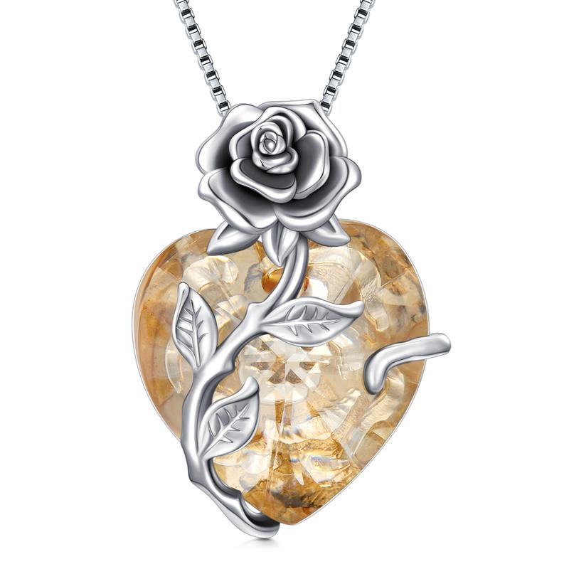 S925 Sterling Silver Rose Flower Heart Birthstone Pendant Necklace - Anniversary Gift Idea