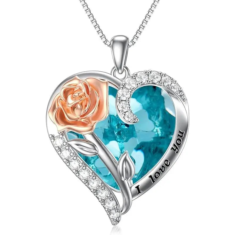 Birthstone Necklace for Women 925 Sterling Silver Rose Flower Heart Crystal Pendant Necklace