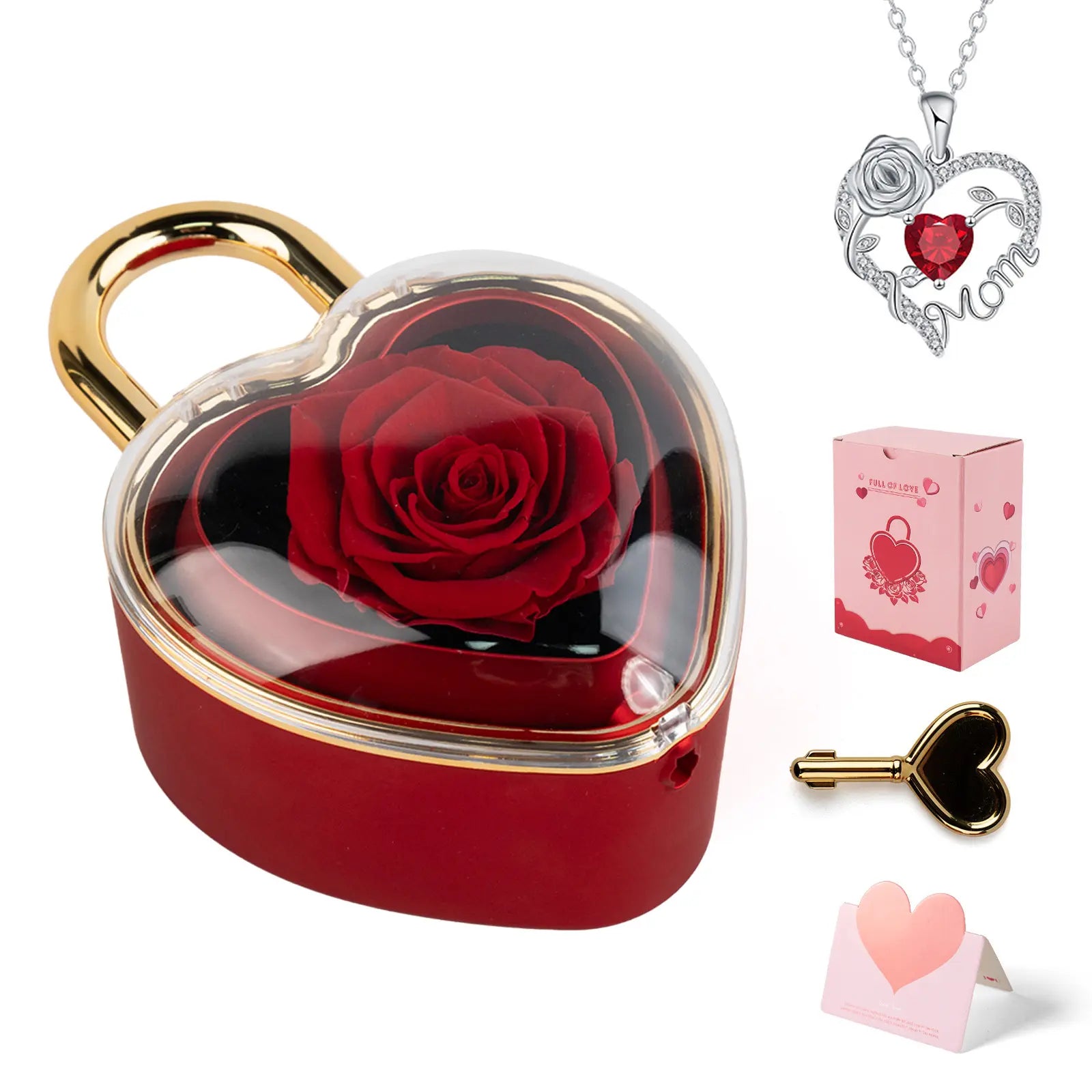 Real Rose Jewelry Box with Heart-shaped Pendant Necklace Included - Mother’s Day Gift for Mom or Grandma