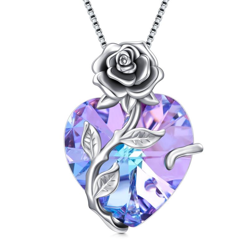 S925 Sterling Silver Rose Flower Heart Birthstone Pendant Necklace - Anniversary Gift Idea