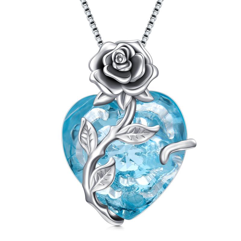 S925 Sterling Silver Rose Flower Heart Birthstone Pendant Necklace - Anniversary Gift Idea