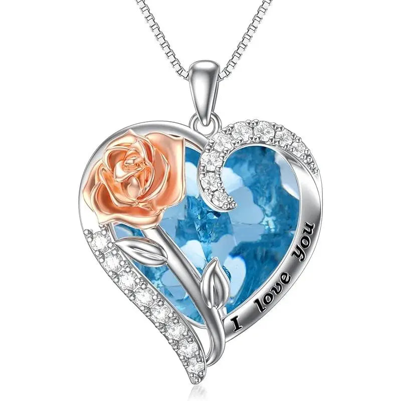 Birthstone Necklace for Women 925 Sterling Silver Rose Flower Heart Crystal Pendant Necklace