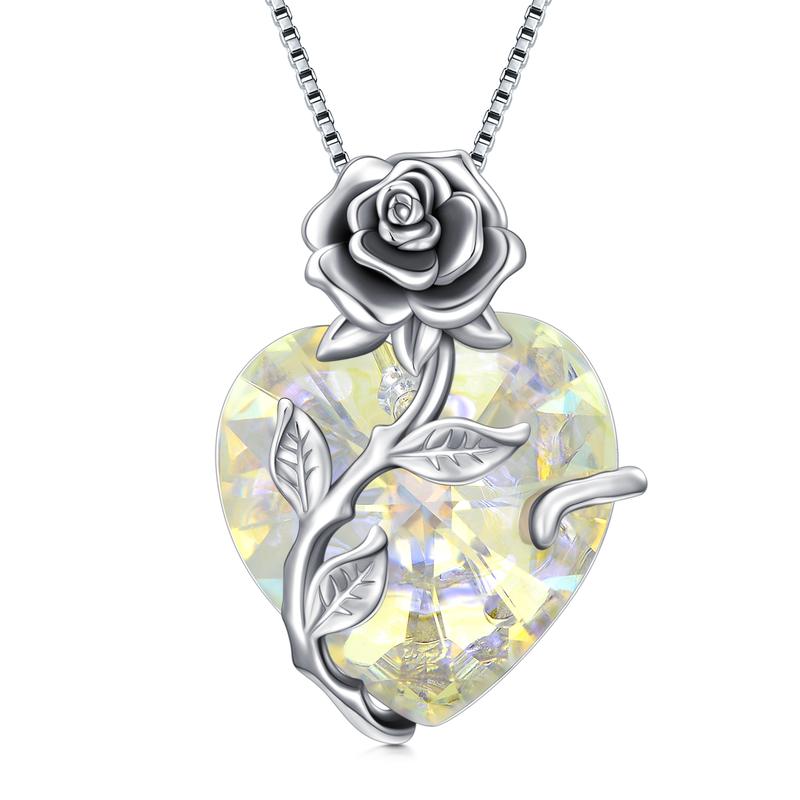 S925 Sterling Silver Rose Flower Heart Birthstone Pendant Necklace - Anniversary Gift Idea