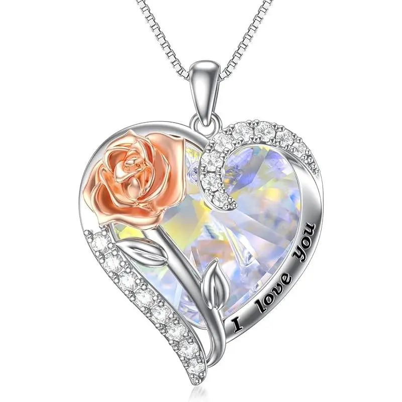 Birthstone Necklace for Women 925 Sterling Silver Rose Flower Heart Crystal Pendant Necklace