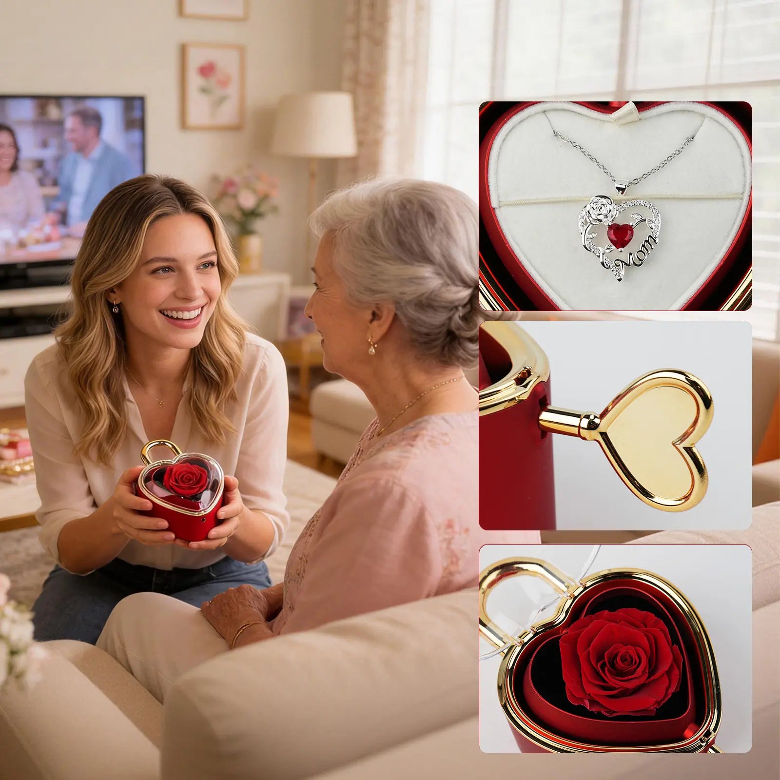 Real Rose Jewelry Box with Heart-shaped Pendant Necklace Included - Mother’s Day Gift for Mom or Grandma