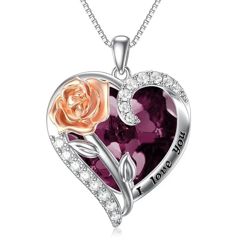 Birthstone Necklace for Women 925 Sterling Silver Rose Flower Heart Crystal Pendant Necklace
