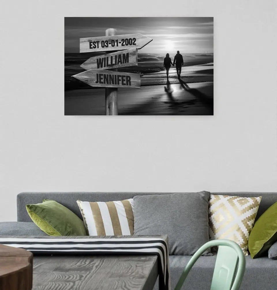 Couple Walking On The Beach - Personalized Name & Date Canvas Decor