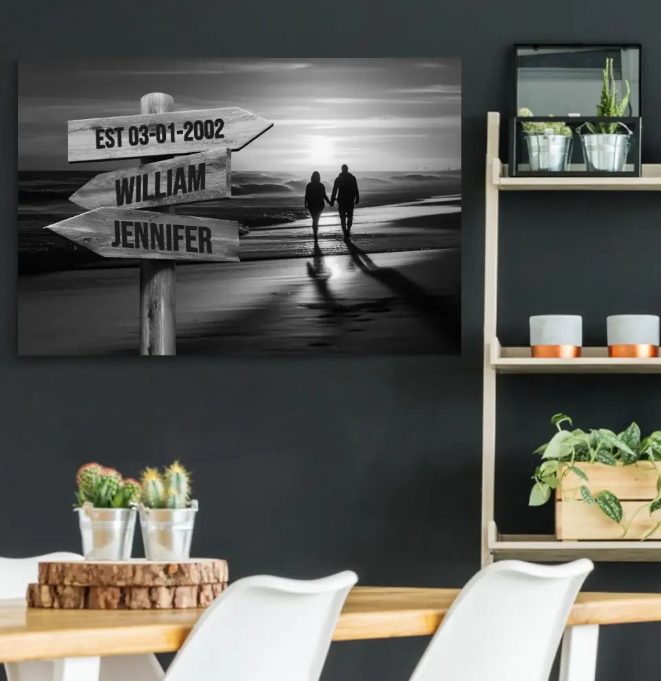 Couple Walking On The Beach - Personalized Name & Date Canvas Decor
