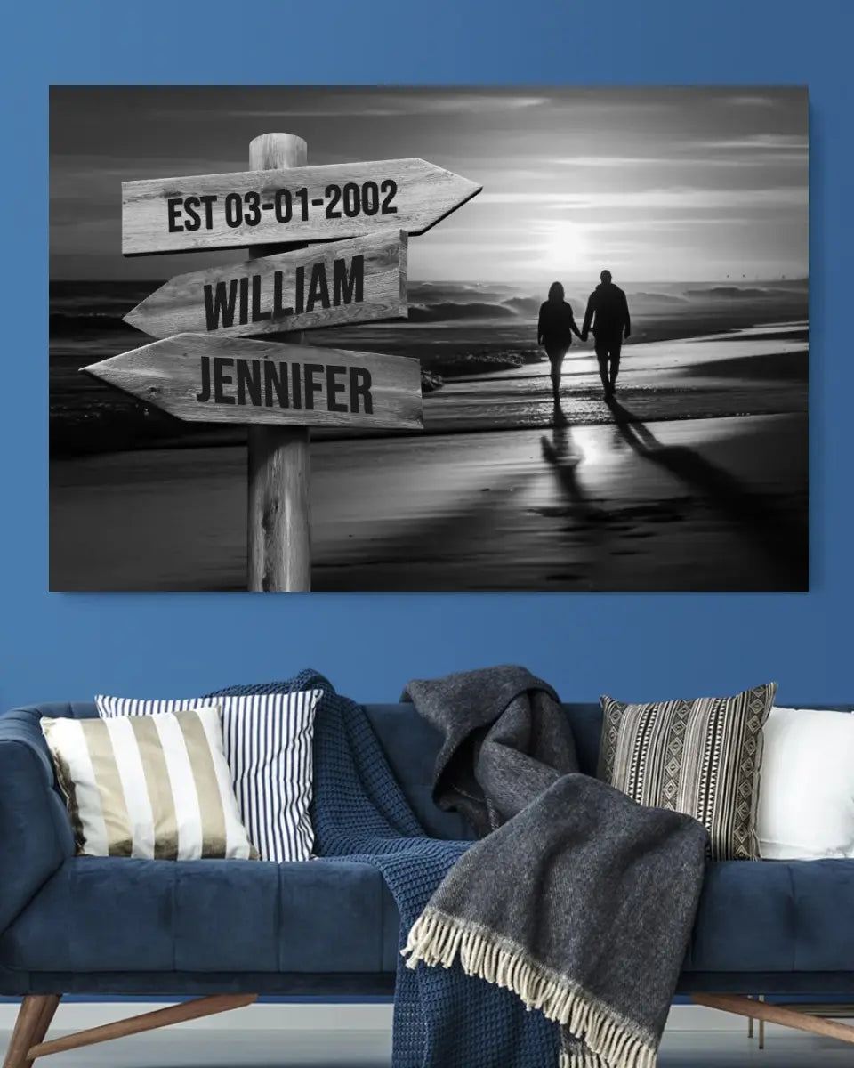 Couple Walking On The Beach - Personalized Name & Date Canvas Decor