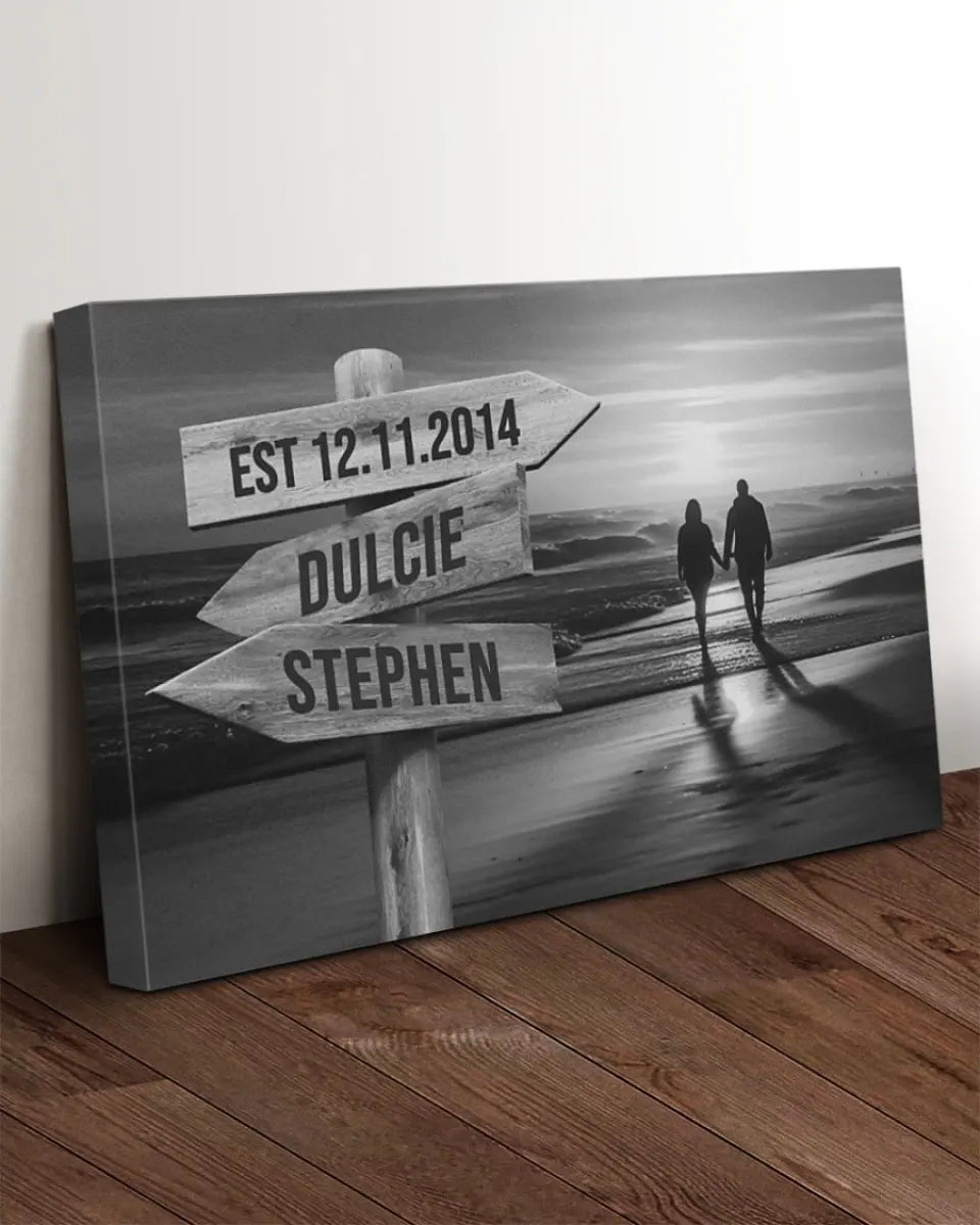 Couple Walking On The Beach - Personalized Name & Date Canvas Decor