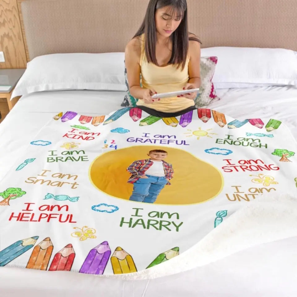 Kid Affirmations I Am Kind Grateful Loved - Personalized Blanket