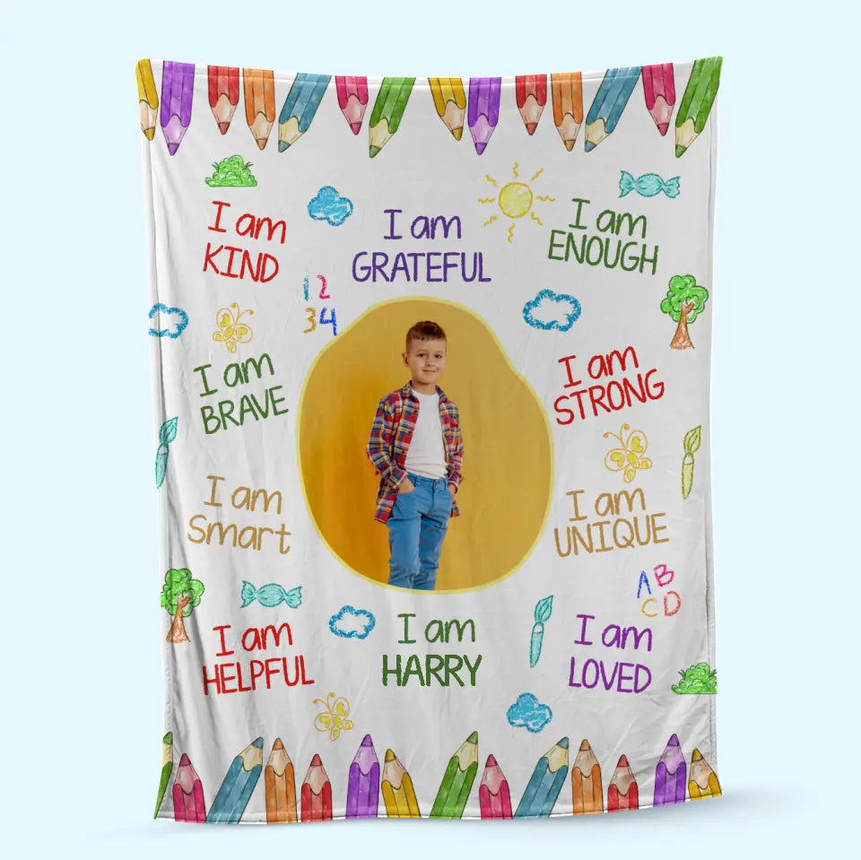 Kid Affirmations I Am Kind Grateful Loved - Personalized Blanket
