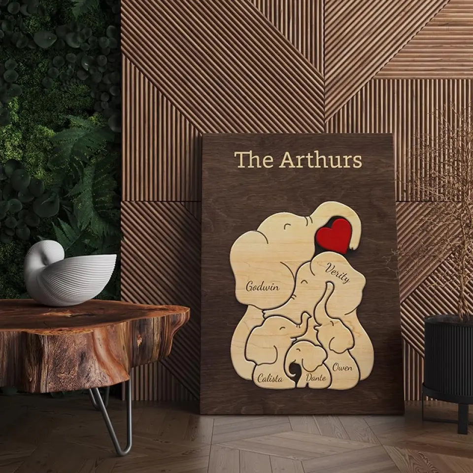 Personalized Family Names Wall Art Canvas - Elephant Family Puzzle Style