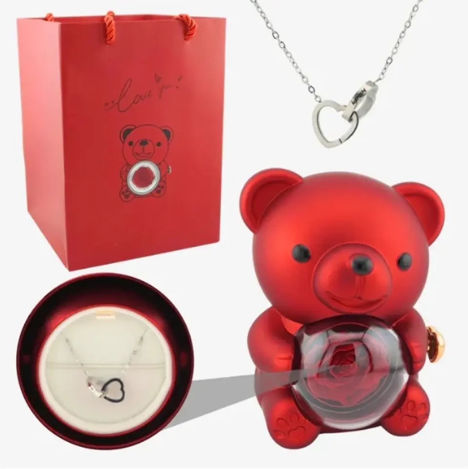 Rose Bear Box With Necklace Set