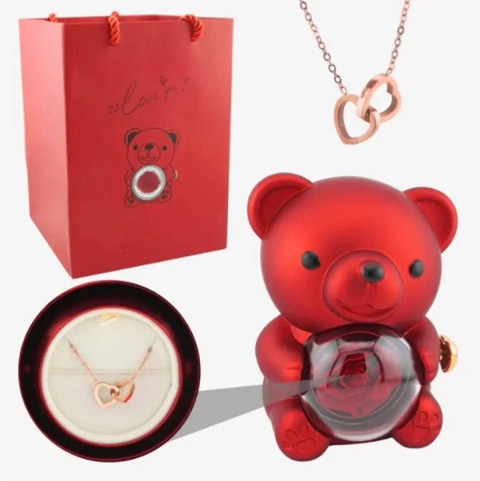 Rose Bear Box With Necklace Set
