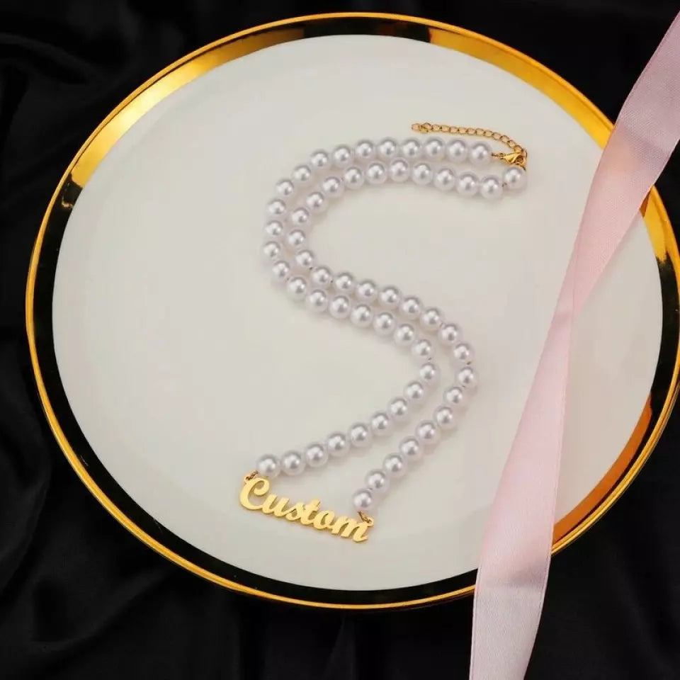 Personalized Name Necklace With Pearl Chain Fashion Retro Gift
