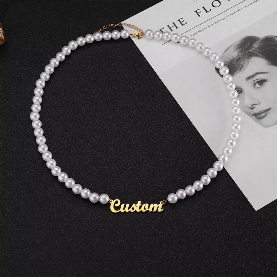 Personalized Name Necklace With Pearl Chain Fashion Retro Gift