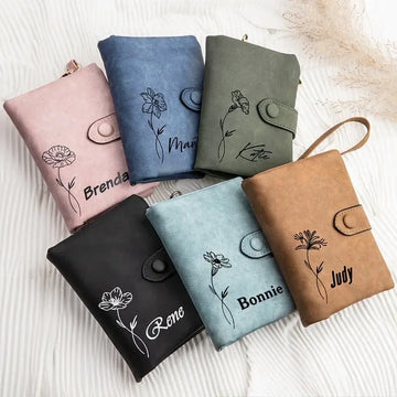 Personalized Birth Flower Vegan Leather Wallet Card Holder Birthday Gift for Woman