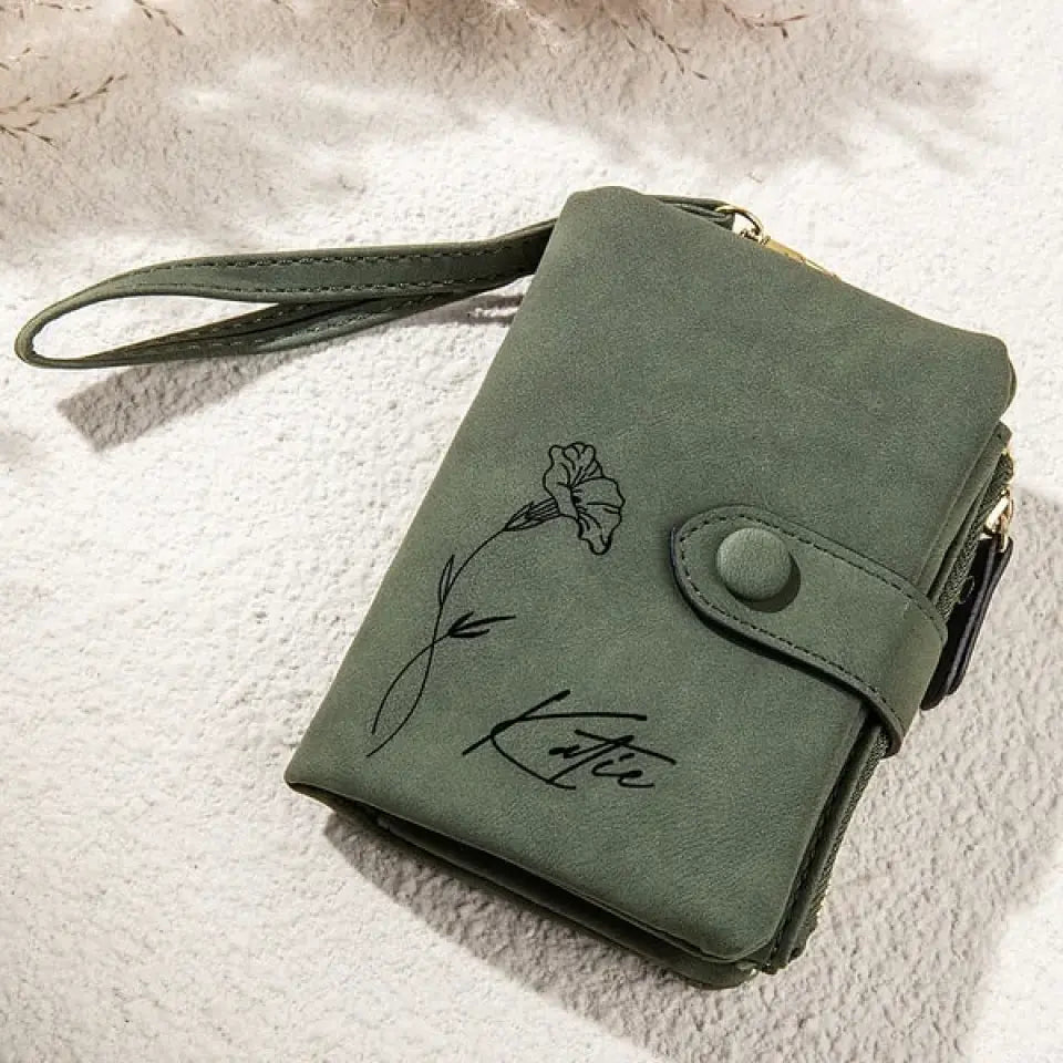 Personalized Birth Flower Vegan Leather Wallet Card Holder Birthday Gift for Woman