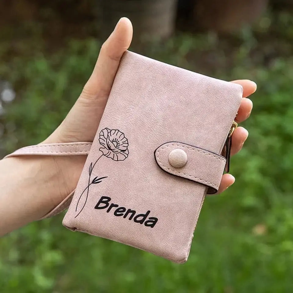 Personalized Birth Flower Vegan Leather Wallet Card Holder Birthday Gift for Woman