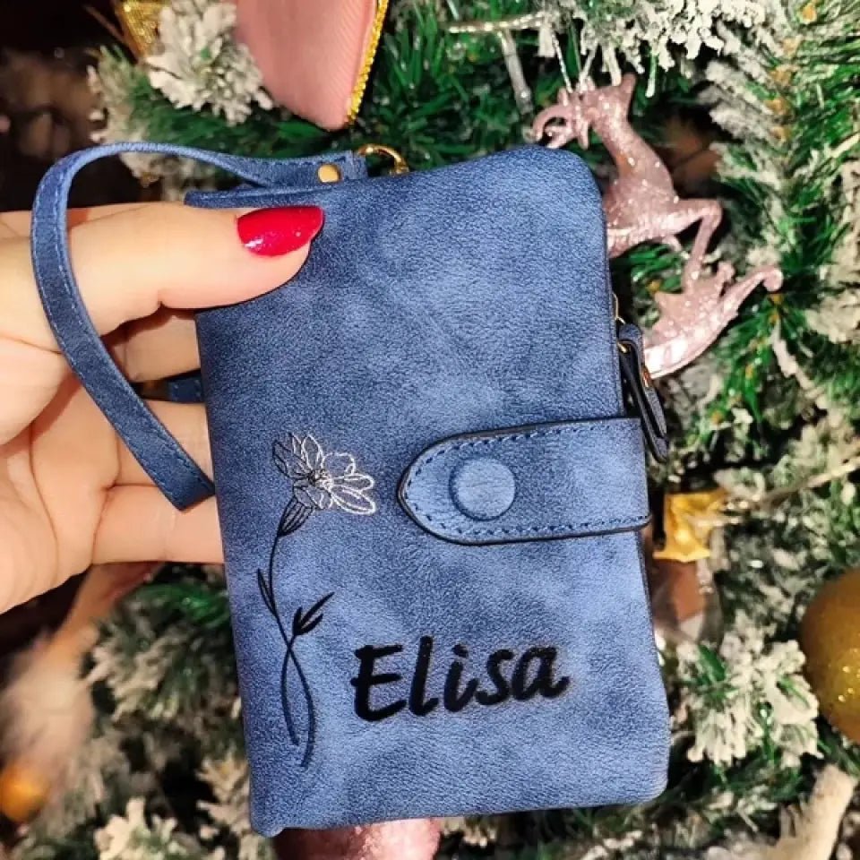 Personalized Birth Flower Vegan Leather Wallet Card Holder Birthday Gift for Woman
