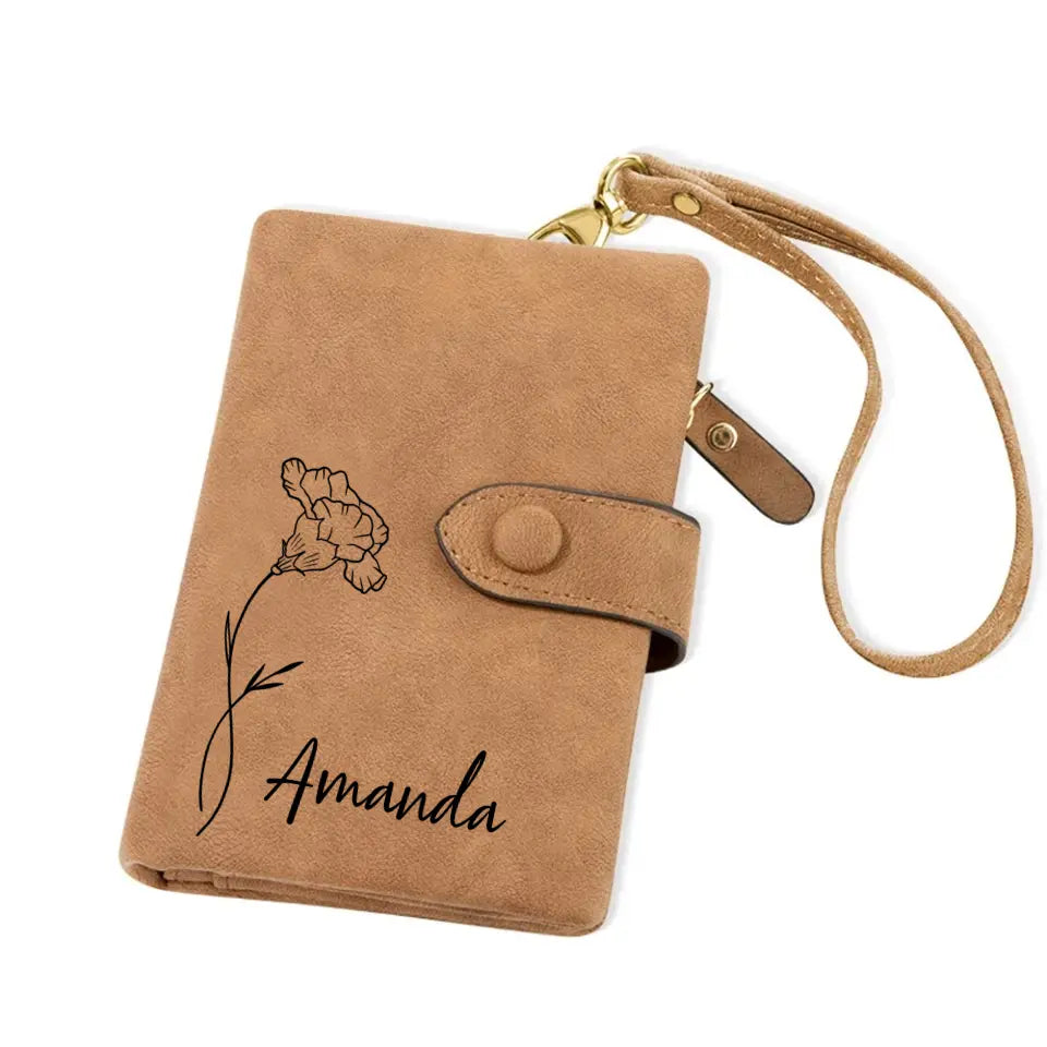 Personalized Birth Flower Vegan Leather Wallet Card Holder Birthday Gift for Woman