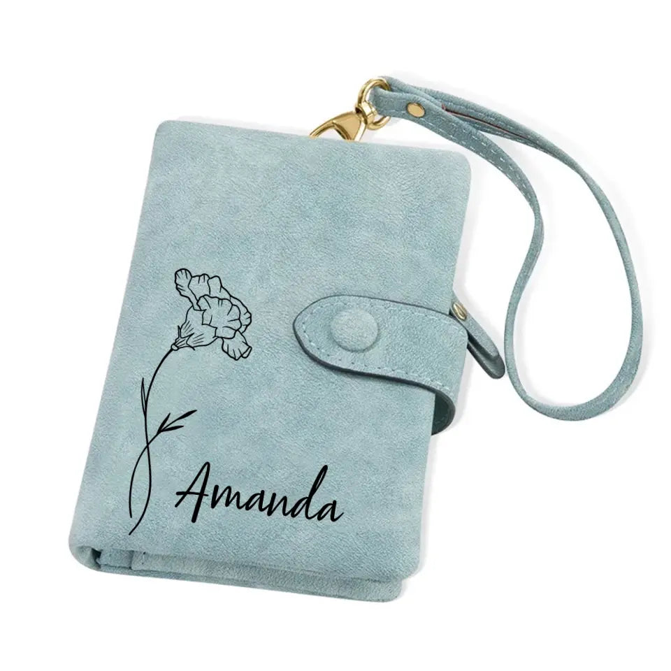 Personalized Birth Flower Vegan Leather Wallet Card Holder Birthday Gift for Woman