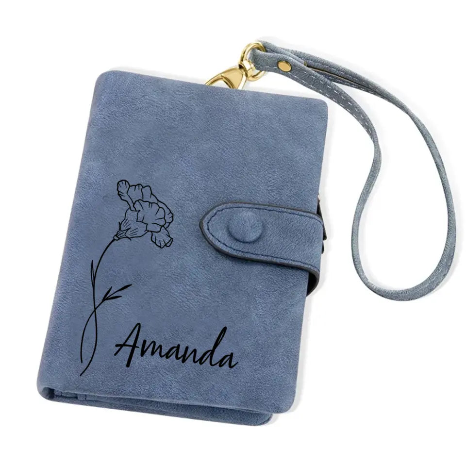 Personalized Birth Flower Vegan Leather Wallet Card Holder Birthday Gift for Woman