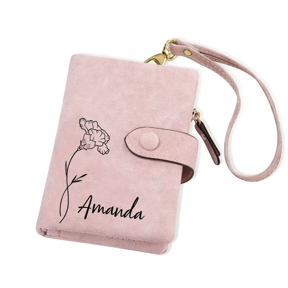 Personalized Birth Flower Vegan Leather Wallet Card Holder Birthday Gift for Woman