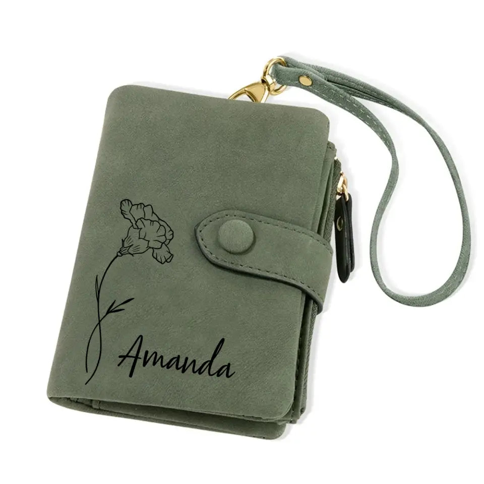 Personalized Birth Flower Vegan Leather Wallet Card Holder Birthday Gift for Woman