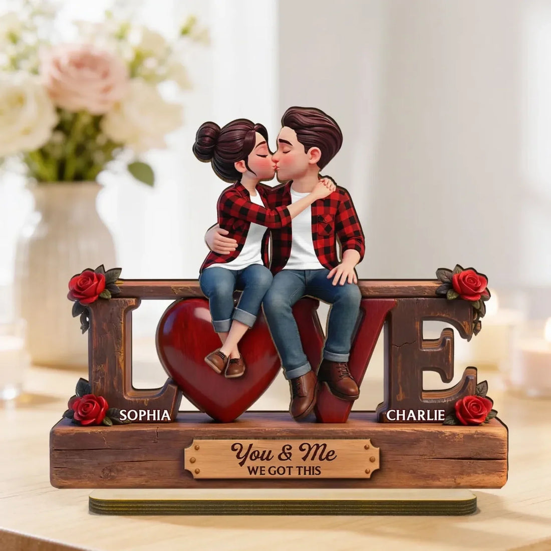 Roses LOVE Couple Sitting Kissing - Personalized 2-Layered Wooden Plaque 1