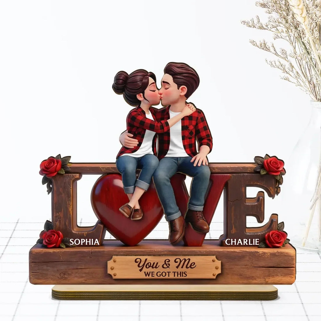 Roses LOVE Couple Sitting Kissing - Personalized 2-Layered Wooden Plaque 1