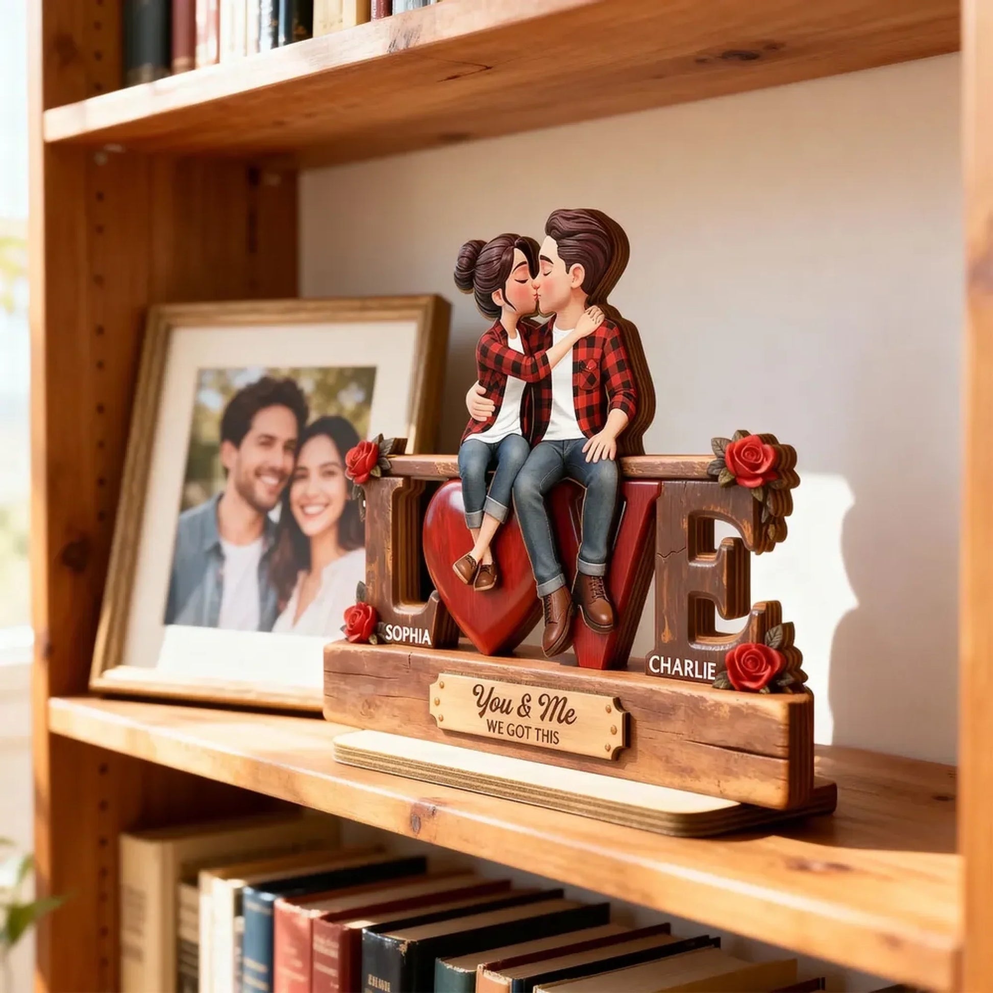 Roses LOVE Couple Sitting Kissing - Personalized 2-Layered Wooden Plaque 3