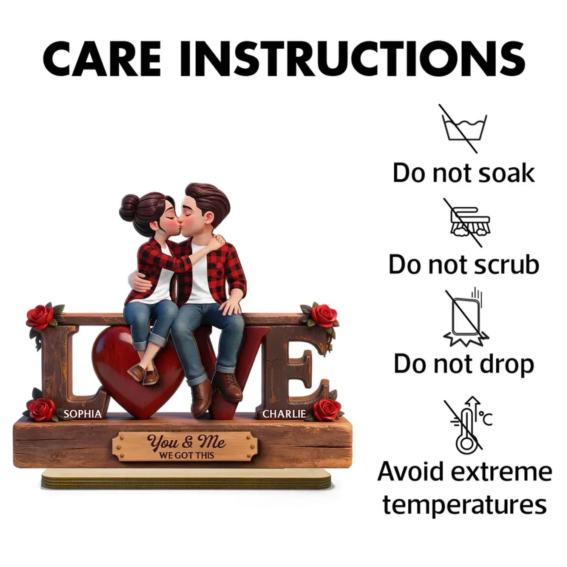 Roses LOVE Couple Sitting Kissing - Personalized 2-Layered Wooden Plaque 6