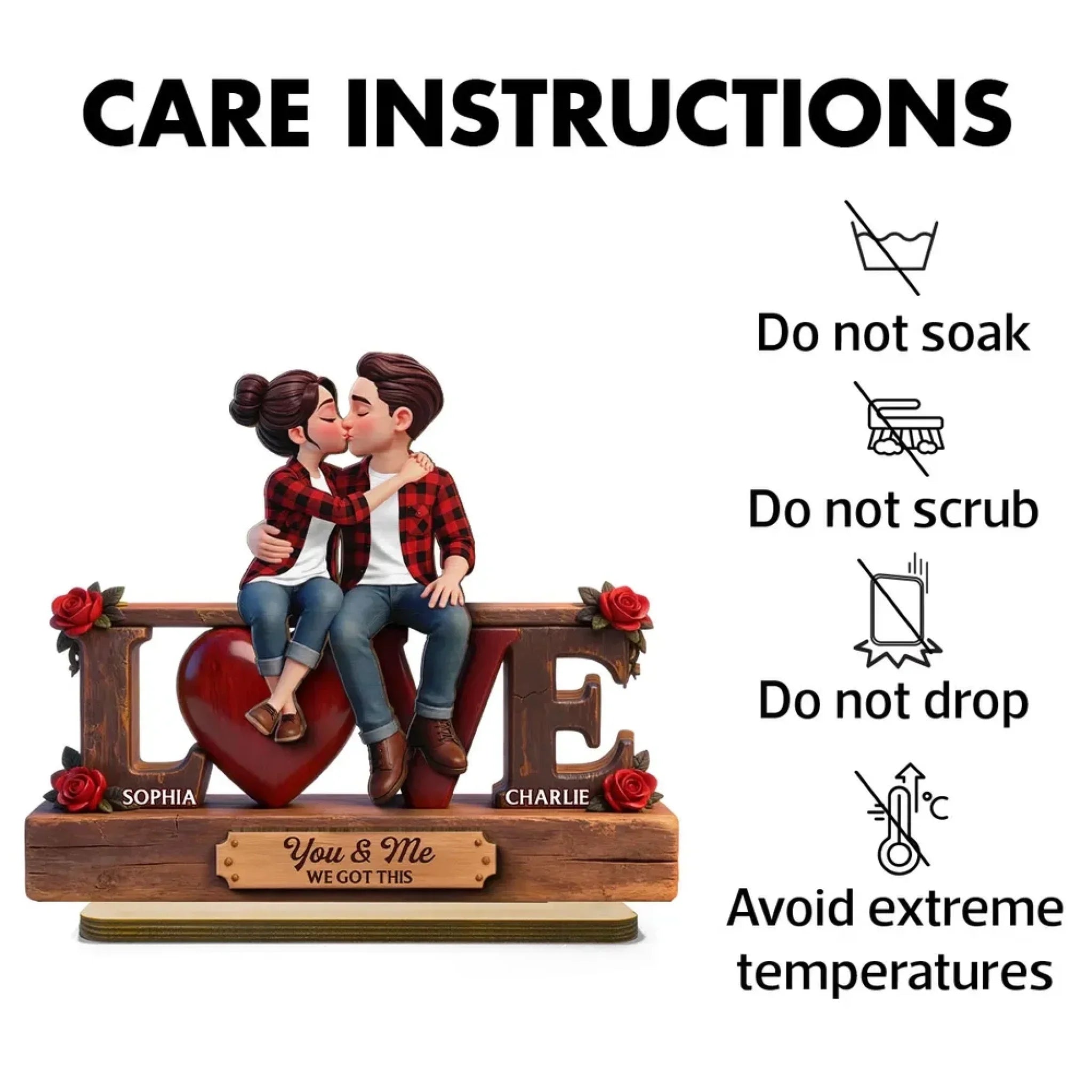 Roses LOVE Couple Sitting Kissing - Personalized 2-Layered Wooden Plaque 6