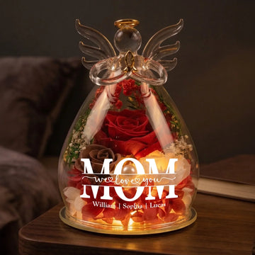 We Love You Mom - Personalized Flower In Glass Angel Figurines 1