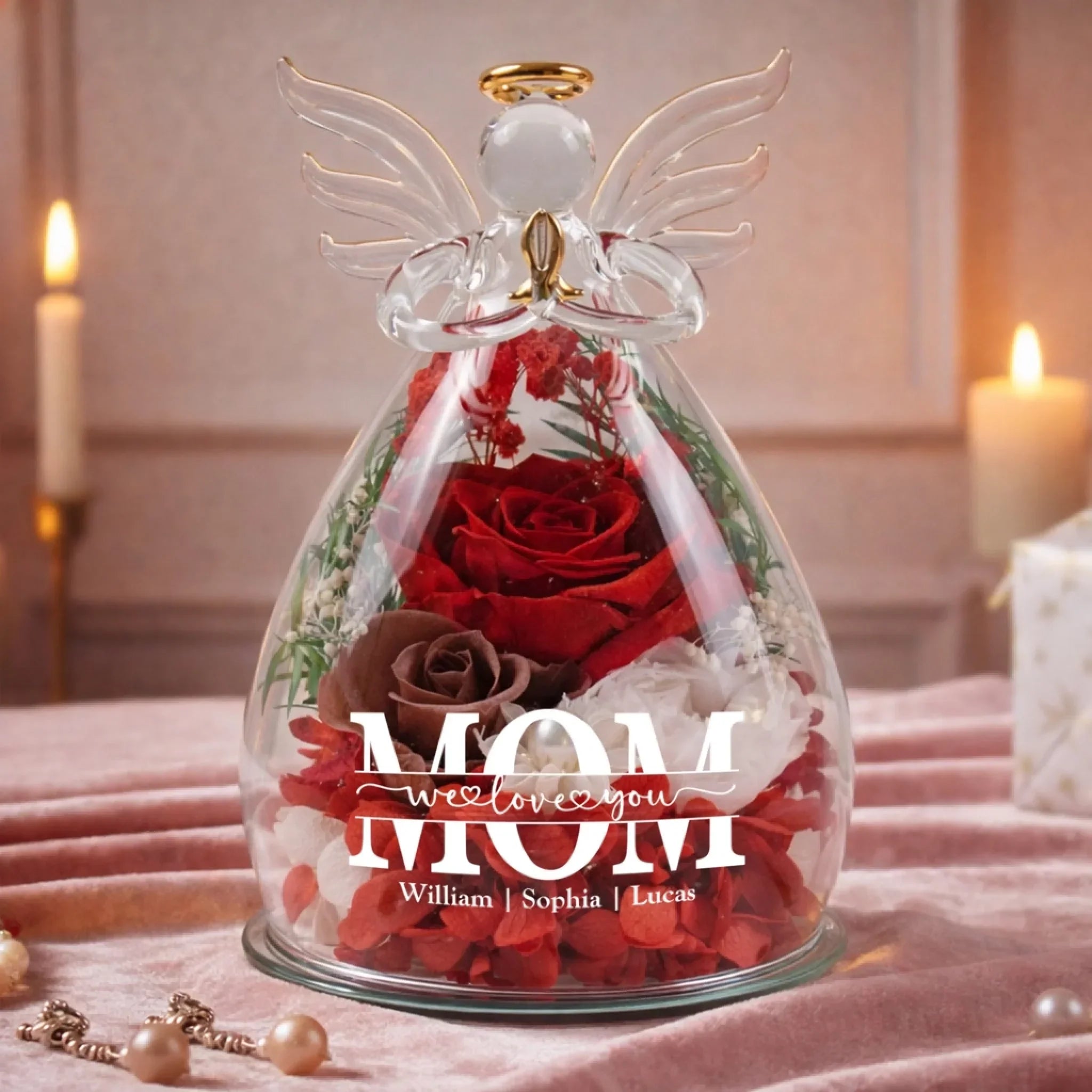We Love You Mom - Personalized Flower In Glass Angel Figurines 2
