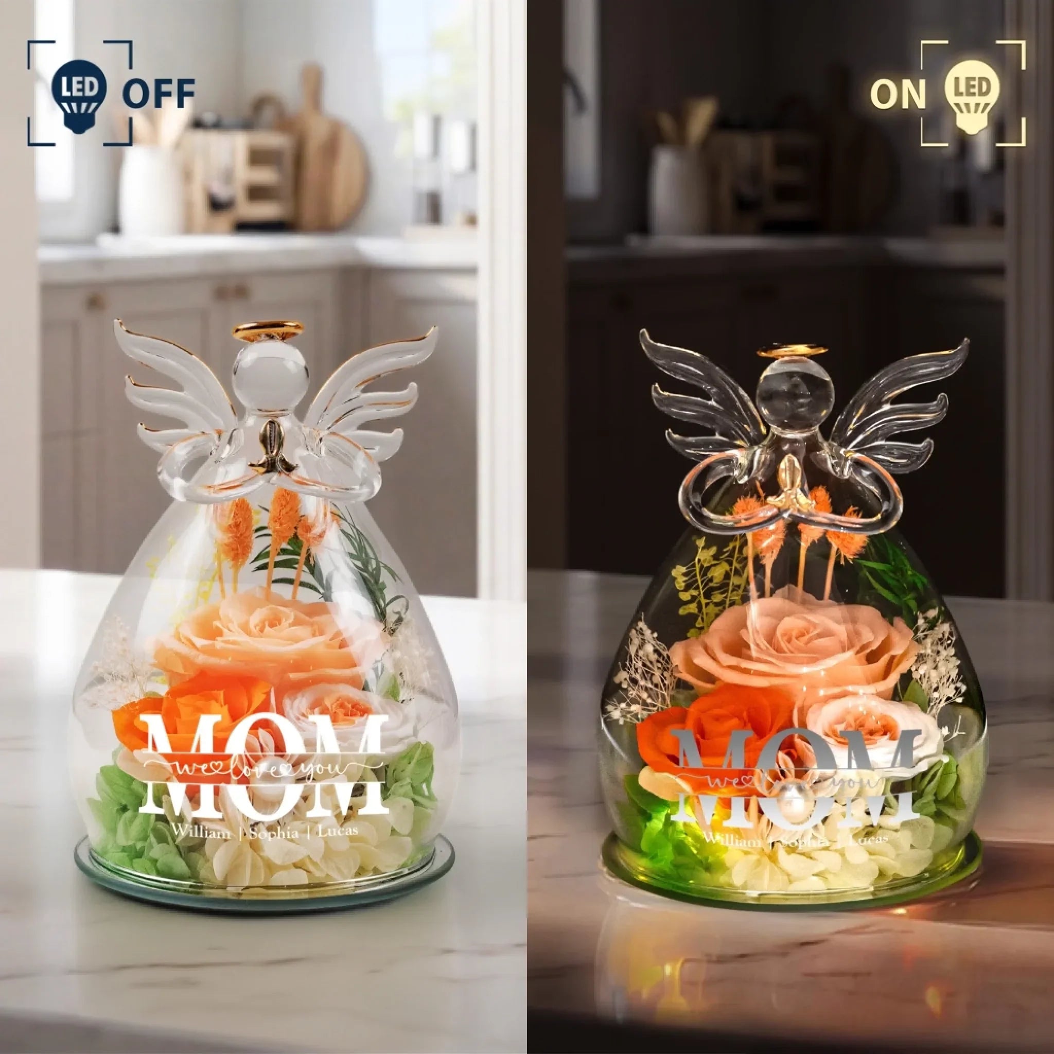 We Love You Mom - Personalized Flower In Glass Angel Figurines 5