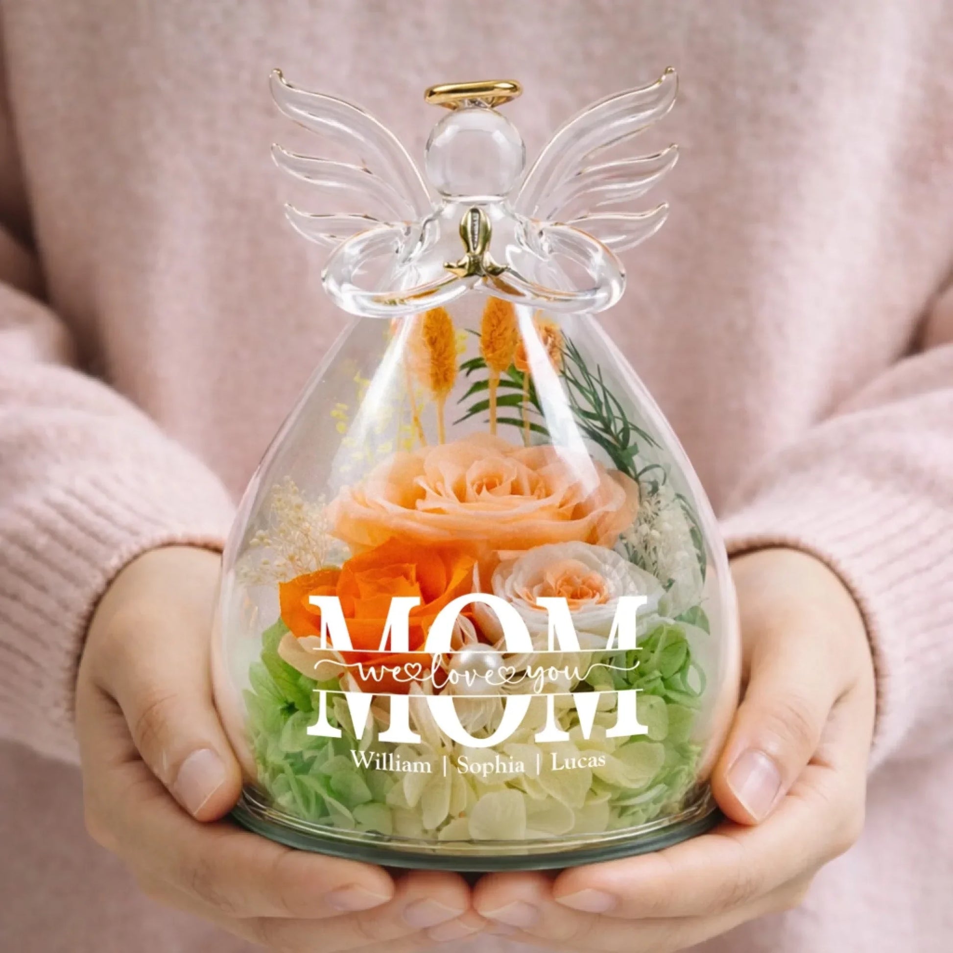 We Love You Mom - Personalized Flower In Glass Angel Figurines 6