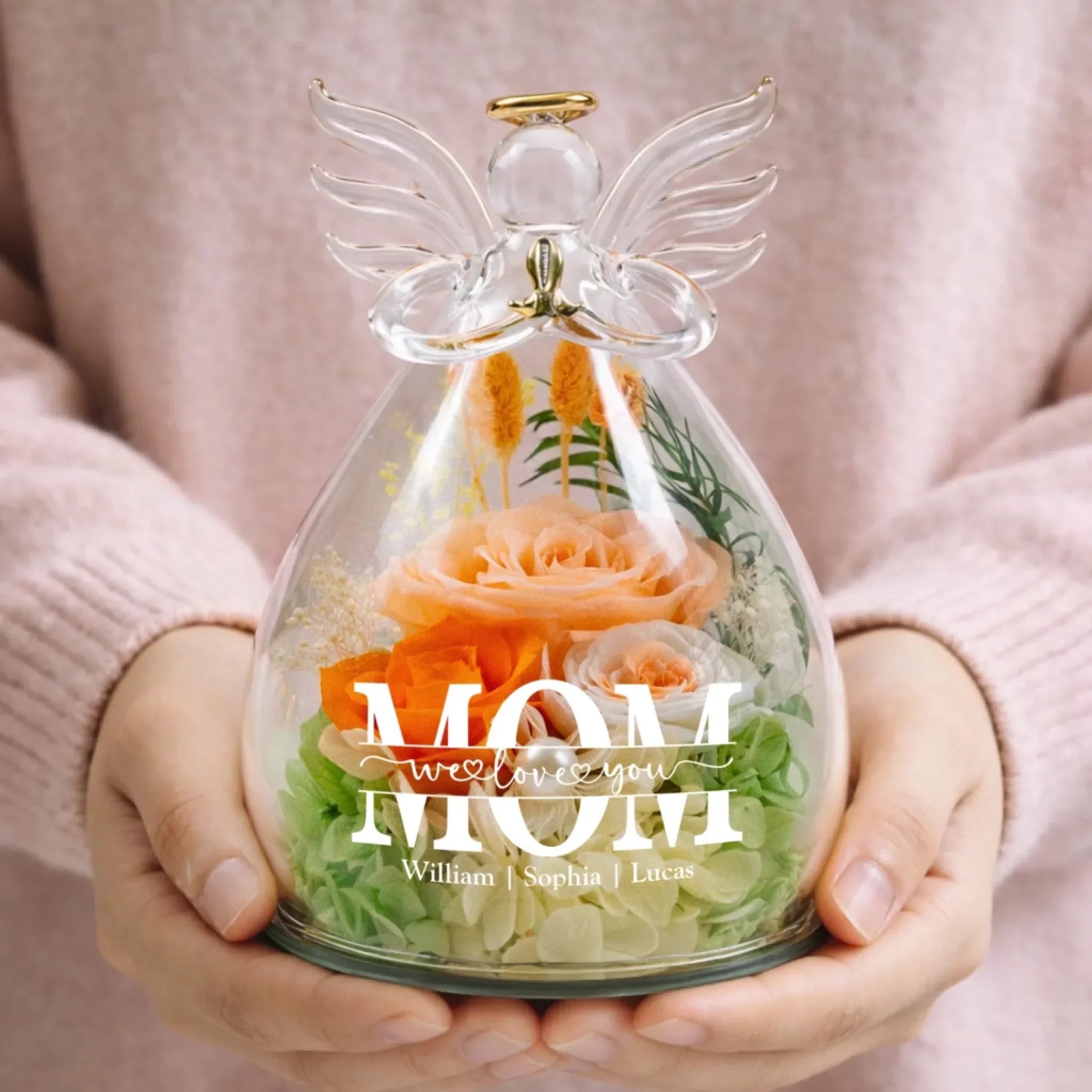 We Love You Mom - Personalized Flower In Glass Angel Figurines 6