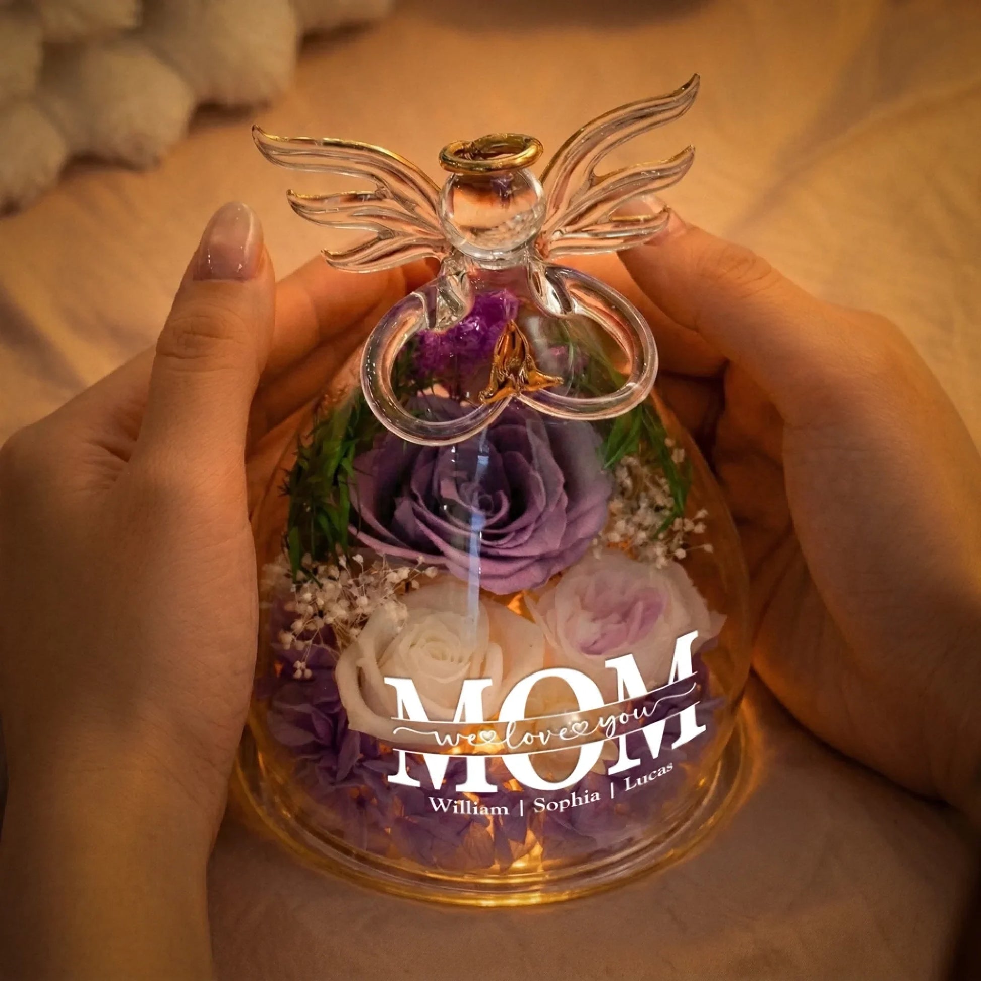 We Love You Mom - Personalized Flower In Glass Angel Figurines 3