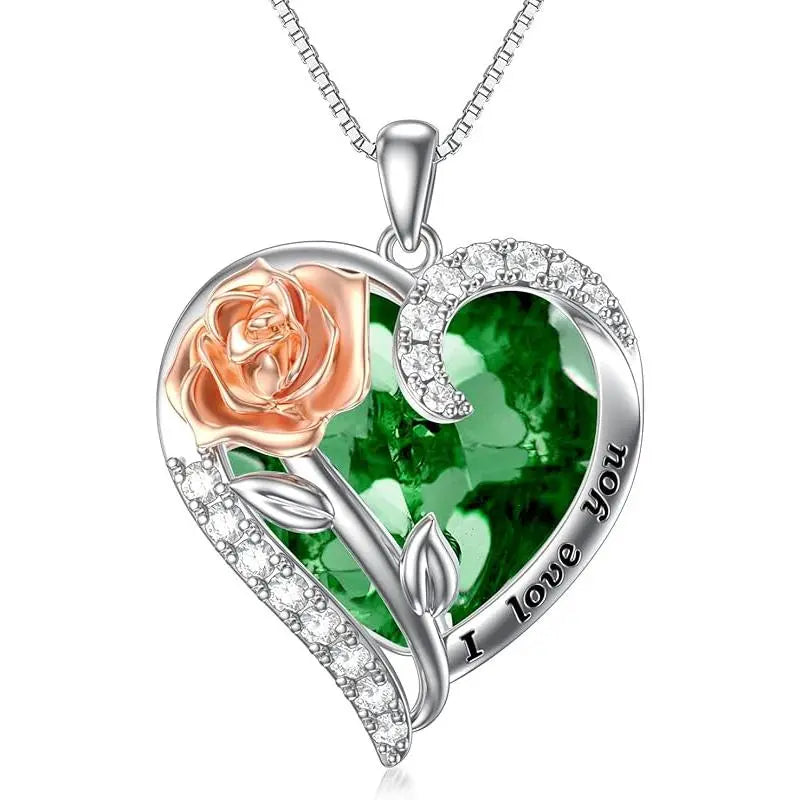 Birthstone Necklace for Women 925 Sterling Silver Rose Flower Heart Crystal Pendant Necklace