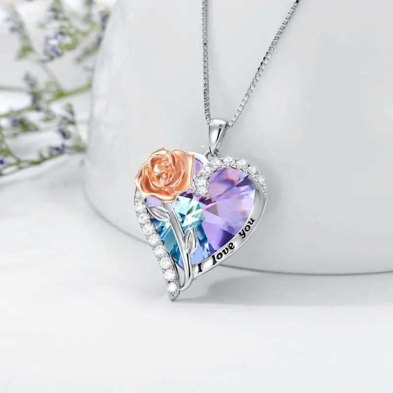 Birthstone Necklace for Women 925 Sterling Silver Rose Flower Heart Crystal Pendant Necklace