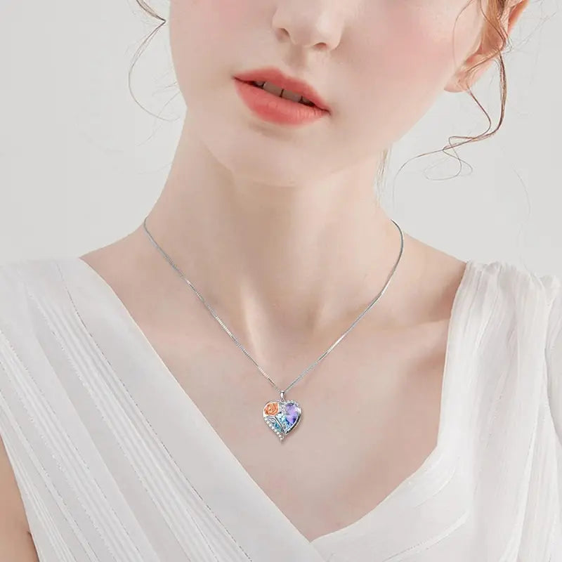 Birthstone Necklace for Women 925 Sterling Silver Rose Flower Heart Crystal Pendant Necklace