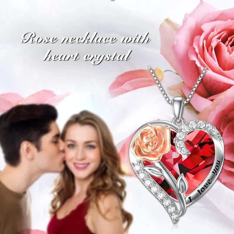 Birthstone Necklace for Women 925 Sterling Silver Rose Flower Heart Crystal Pendant Necklace