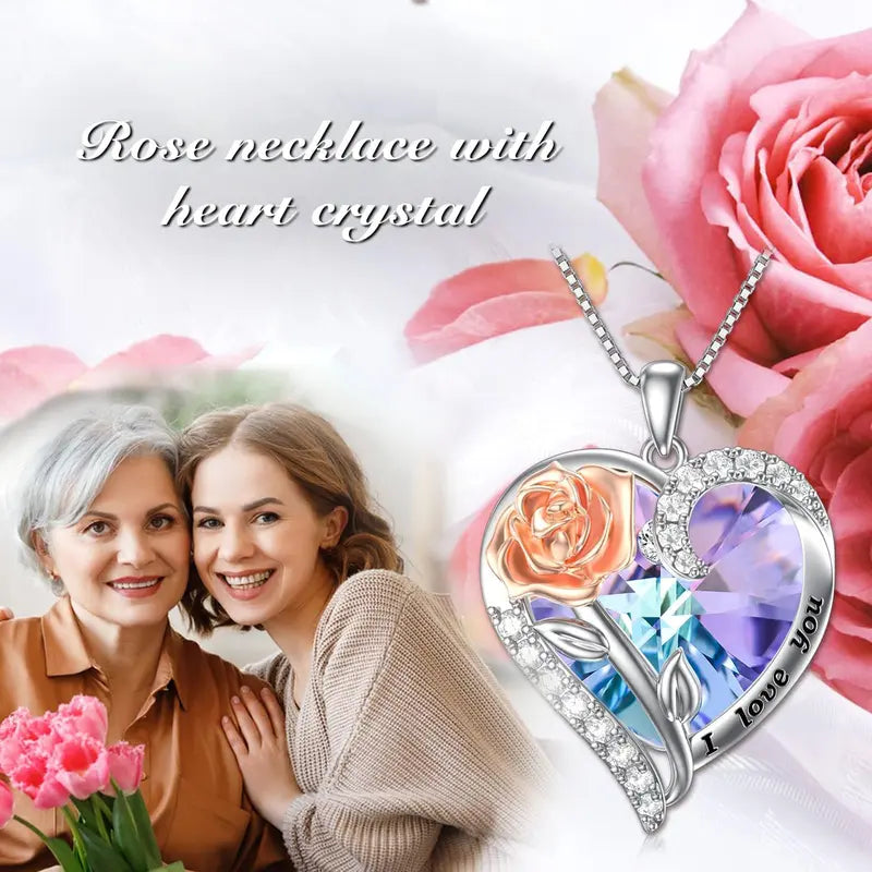 Birthstone Necklace for Women 925 Sterling Silver Rose Flower Heart Crystal Pendant Necklace
