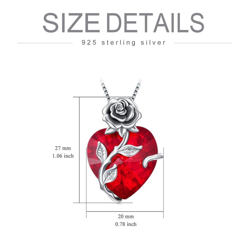 S925 Sterling Silver Rose Flower Heart Birthstone Pendant Necklace - Anniversary Gift Idea