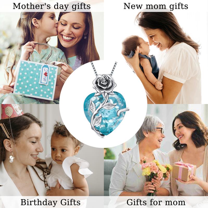 S925 Sterling Silver Rose Flower Heart Birthstone Pendant Necklace - Anniversary Gift Idea