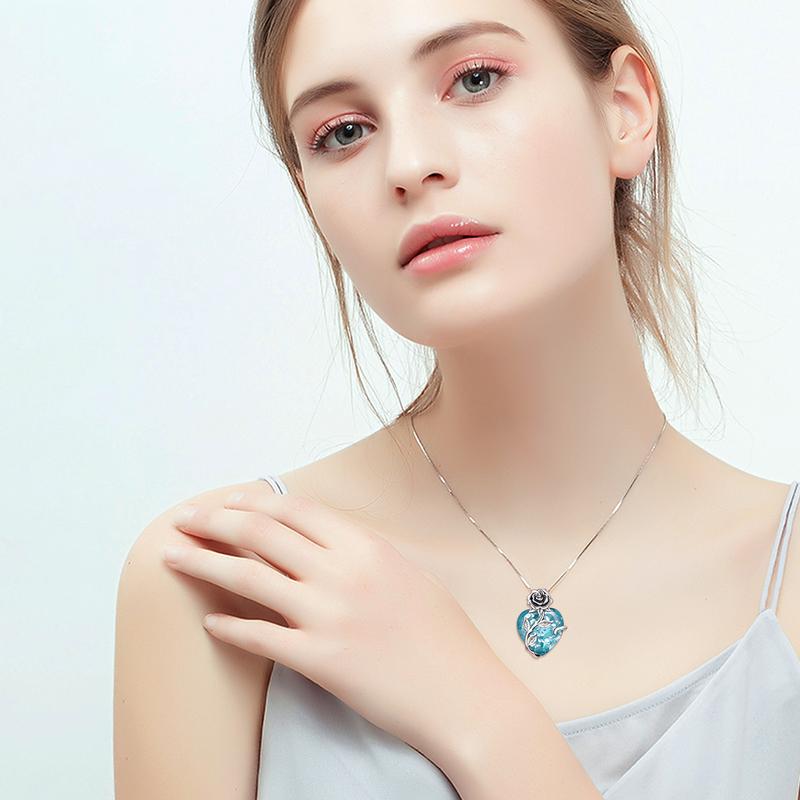 S925 Sterling Silver Rose Flower Heart Birthstone Pendant Necklace - Anniversary Gift Idea