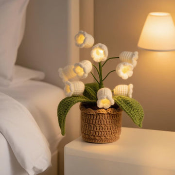 Crochet Handmade Lily of the Valley Lamp - Potted Flower Light - Desk Decoration Nightstand Lamp - Unique Forever Gift Home Decor